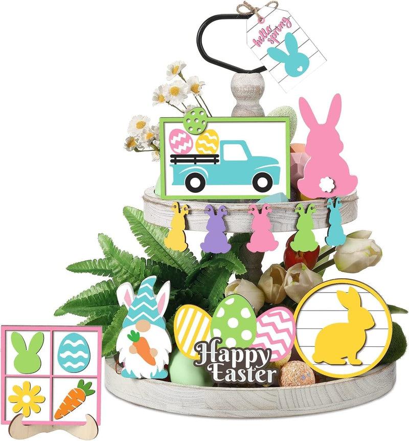 12 Pcs Easter Tiered Tray Decor Wooden Carrot Patch Bunny Egg Tiered Tray Items Happy Easter Tray Signs for Easter Spring Home Farmhouse Rustic Kitchen Decorations (Wooden Bunny) Home & Garden > Decor > Seasonal & Holiday Decorations Jetec Bunny  