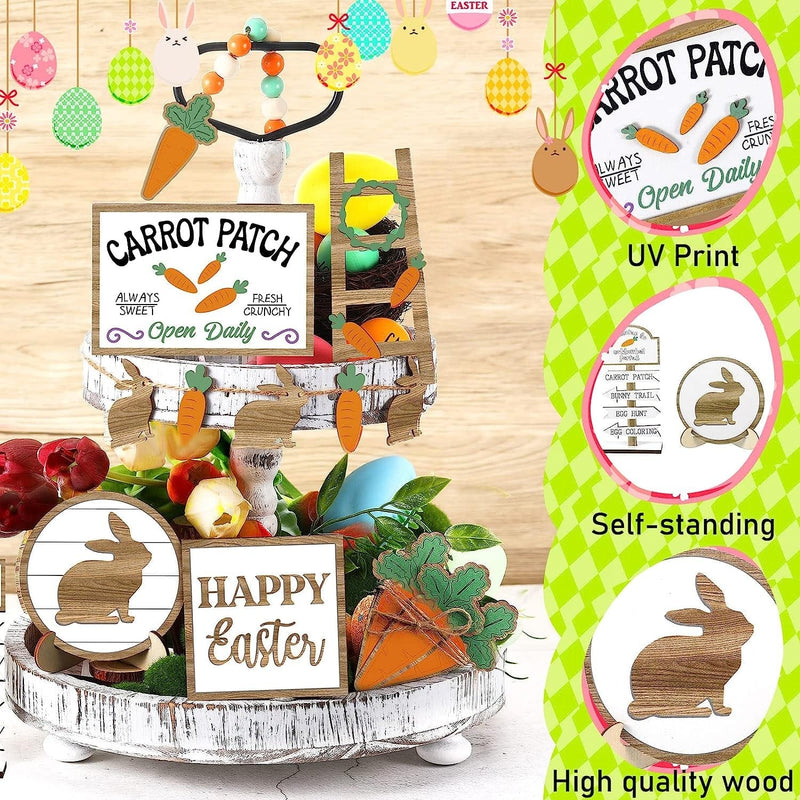 12 Pcs Easter Tiered Tray Decor Wooden Carrot Patch Bunny Egg Tiered Tray Items Happy Easter Tray Signs for Easter Spring Home Farmhouse Rustic Kitchen Decorations (Wooden Bunny) Home & Garden > Decor > Seasonal & Holiday Decorations Jetec   