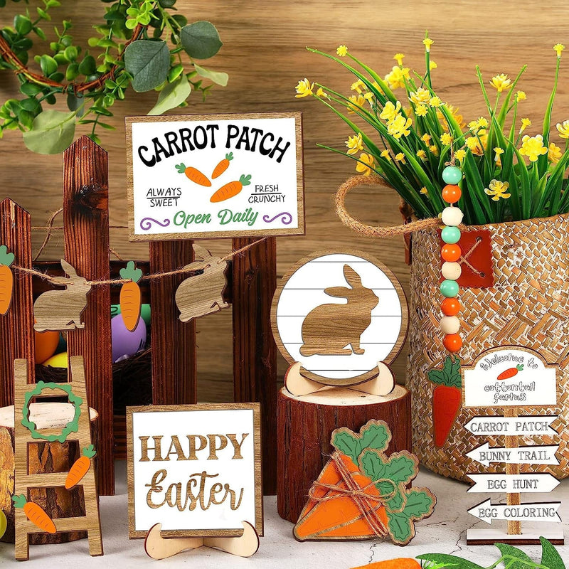 12 Pcs Easter Tiered Tray Decor Wooden Carrot Patch Bunny Egg Tiered Tray Items Happy Easter Tray Signs for Easter Spring Home Farmhouse Rustic Kitchen Decorations (Wooden Bunny)