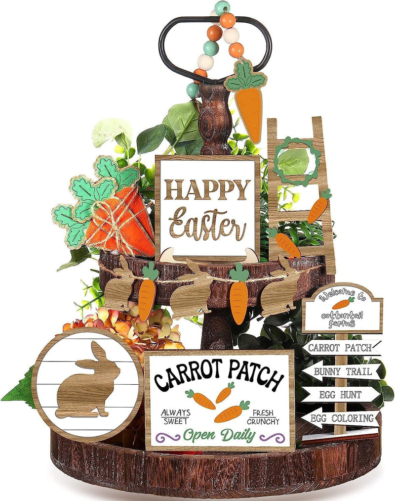 12 Pcs Easter Tiered Tray Decor Wooden Carrot Patch Bunny Egg Tiered Tray Items Happy Easter Tray Signs for Easter Spring Home Farmhouse Rustic Kitchen Decorations (Wooden Bunny) Home & Garden > Decor > Seasonal & Holiday Decorations Jetec Wooden Bunny  