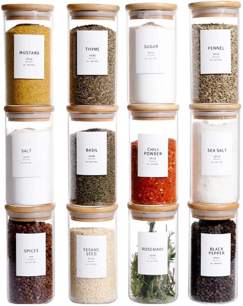 12 Pcs Glass Spice Jars with Bamboo Airtight Lids - 8Oz Thicken(2.4Mm) Spice Containers with 148 Minimalist Preprinted Waterproof Spice Labels - Kitchen Empty Small Storage Jars for Seasoning, Herb Storage and Organization Home & Garden > Decor > Decorative Jars HHMJSM   