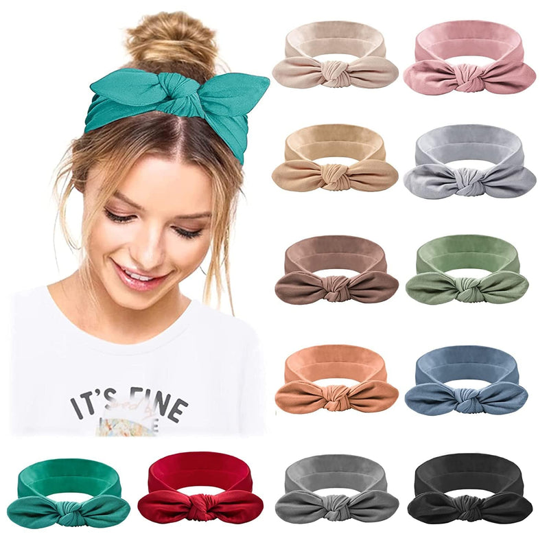 12 PCS Headbands for Women Non Slip Hair Bands with Bows Rabbit Ears Workout Running Sport Sweat Elastic Hair Wrap for Girls Hair Accessories
