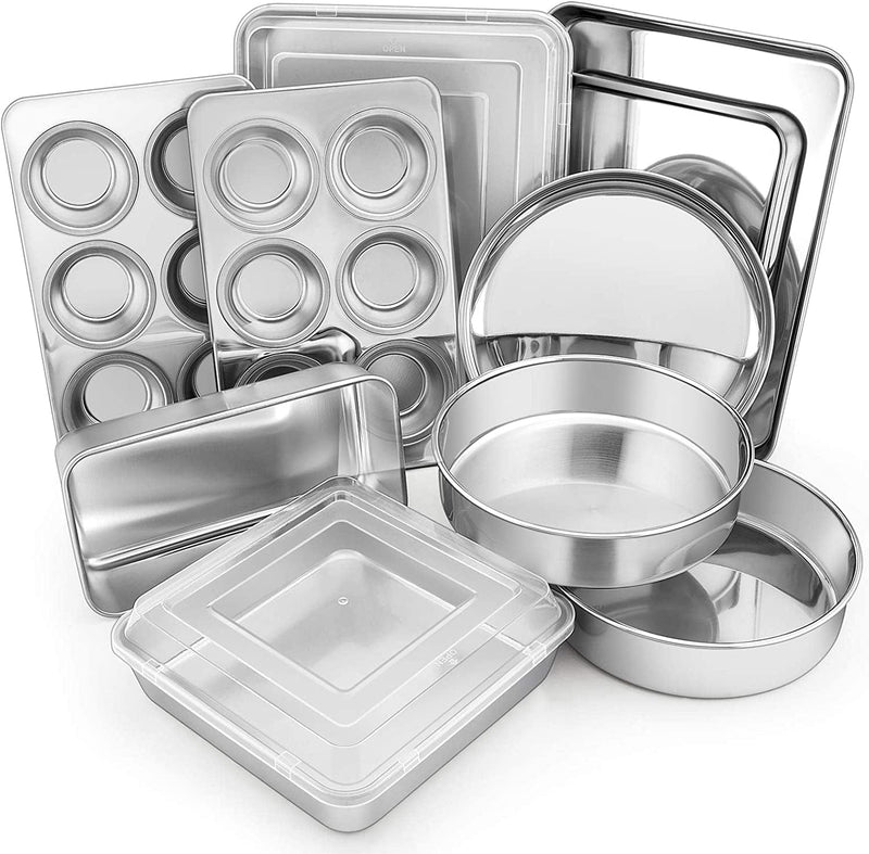 12-Piece Stainless Steel Bakeware Sets, E-Far Metal Baking Pan Set Include round Cake Pans, Square/Rectangle Baking Pans with Lids, Cookie Sheet, Loaf/Muffin/Pizza Pan, Non-Toxic & Dishwasher Safe Home & Garden > Kitchen & Dining > Cookware & Bakeware E-far   
