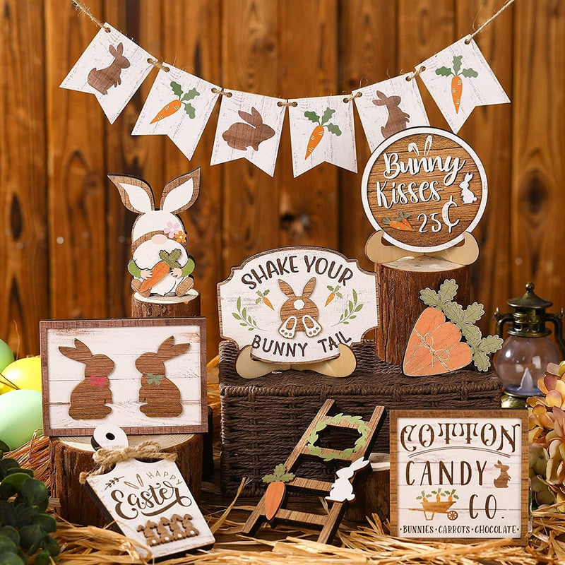 12 Pieces Easter Tiered Tray Decor Easter Decor Farmhouse Mini Wood Decor Bunny Rabbits Eggs Wooden Sign Spring Sign Decor Decorative Trays Signs Rustic for Home Table Kitchen Office (Retro Style) Home & Garden > Decor > Seasonal & Holiday Decorations Amyhill   