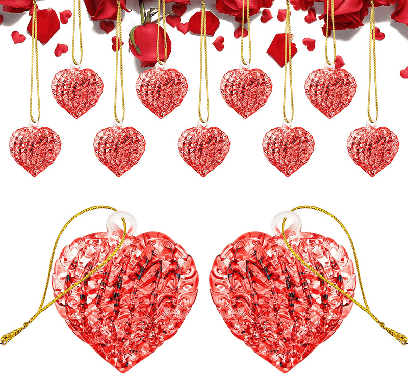 12 Pieces Heart Glass Ornaments Heart Shape Spun Hanging Decor Valentine’S Day Love Ornament with Rope for Wedding Anniversary Baby Shower Decor (Red) Home & Garden > Decor > Seasonal & Holiday Decorations peony man   