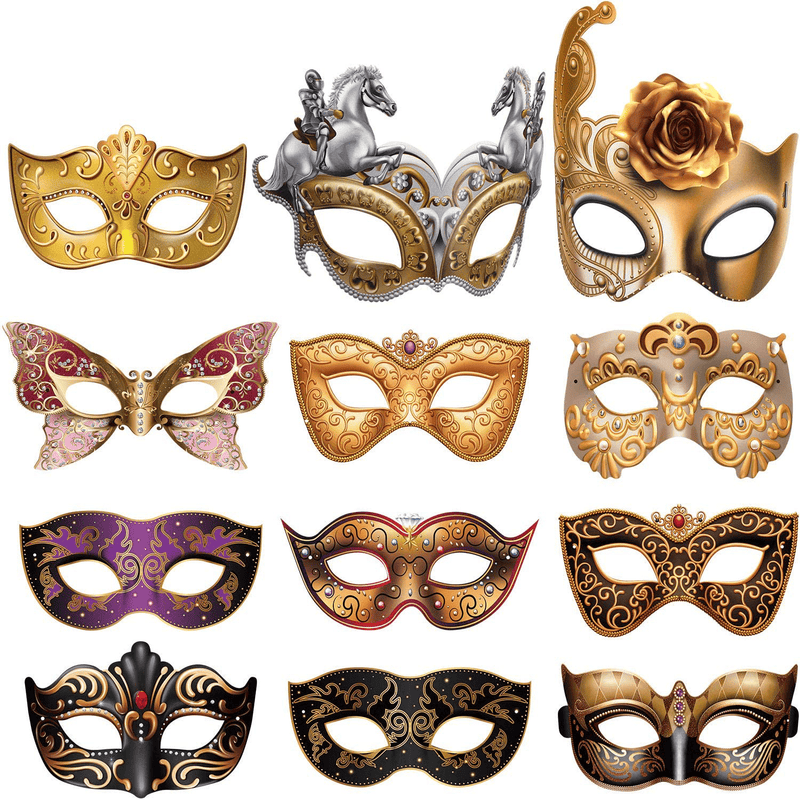 12 Pieces Mardi Gras Masquerade Mask, Paper Masks Set for Carnival Prom Venetian Masks Half Retro Masquerade Mask Mardi Gras Costume Fancy Dress Party Supplies Apparel & Accessories > Costumes & Accessories > Masks Blulu Default Title  
