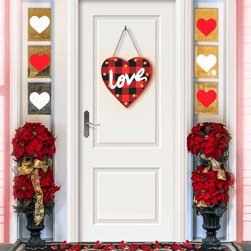 12" Pre-Lit Valentines Day Door Sign Decor, Valentines Heart Wreath for Front Door with 12 Lights Timer Battery Operated Heart Love Wooden Hanging Sign Valentines Decor Outdoor Indoor Home Porch Wall Home & Garden > Decor > Seasonal & Holiday Decorations TURNMEON   