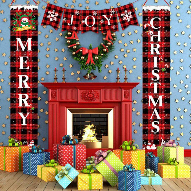 Merry Christmas Porch Sign, Happy New Year Joy Christmas Banners, Red Black Buffalo Plaid Porch Signs, Christmas Decorations for Home Wall Front Door Indoor and Outdoor Home & Garden > Decor > Seasonal & Holiday Decorations& Garden > Decor > Seasonal & Holiday Decorations Altsales   