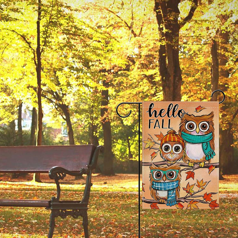 Artofy Hello Fall Owls Small Decorative Garden Flag, Autumn Maple Leaves Farmhouse Seasonal Yard Lawn outside Decor, Thanksgiving Burlap Outdoor Home Decoration Double Sided 12 X 18  Artofy   