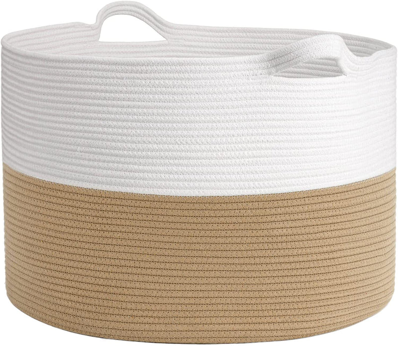INDRESSME Xxxlarge Cotton Rope Basket 21.7" X 21.7" X 13.8" Woven Baby Laundry Blanket Basket Toy Basket with Handle Storage Comforter Cushions Thread Laundry Hamper Home & Garden > Household Supplies > Storage & Organization INDRESSME White & Camel  