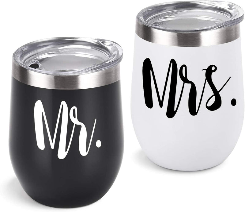 Mr and Mrs Tumblers Bridal Shower Idea for Bride and Groom, 12 Oz Wine Tumbler Wedding Idea for Newlyweds Couples Bride to Be Engagement Honeymoon, Insulated Mr Mrs Wine Tumbler Set, Set of 2 Home & Garden > Kitchen & Dining > Tableware > Drinkware GINGPROUS Black 2 and White  