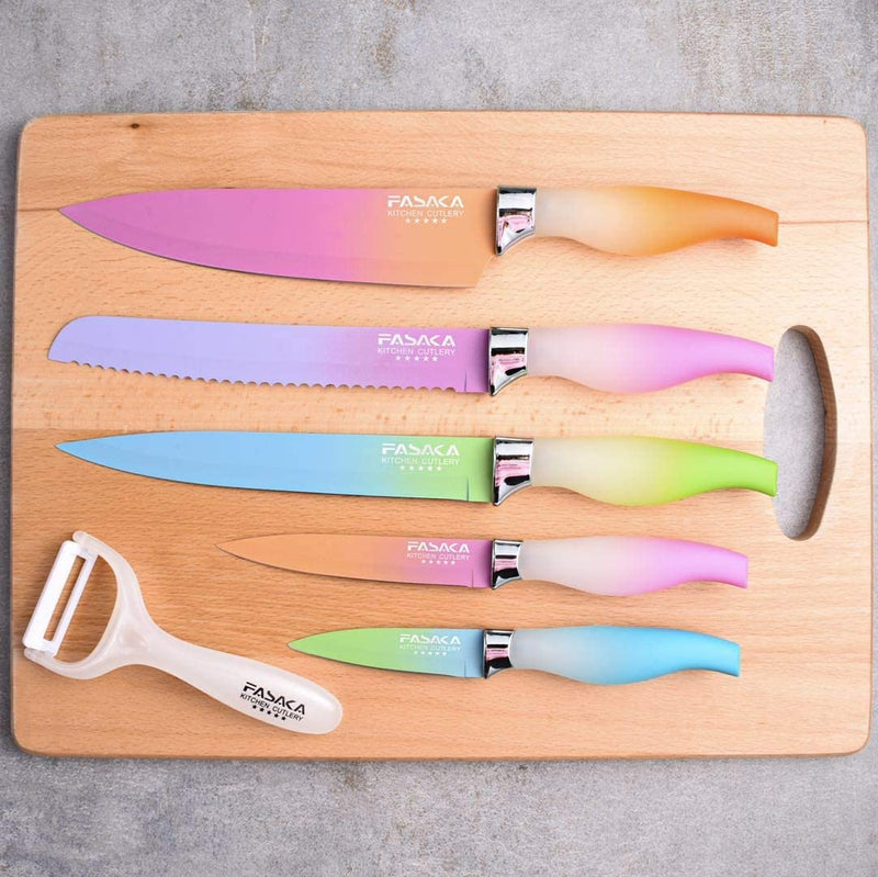 FASAKA 6 Piece Colorful Knife Set - 5 Kitchen Knives with 1 Peeler - Non-Stick Stainless Steel Chef Knife Set - Rainbow Knives with round PP Handle, Display with Gift Box Home & Garden > Kitchen & Dining > Kitchen Tools & Utensils > Kitchen Knives FASAKA   