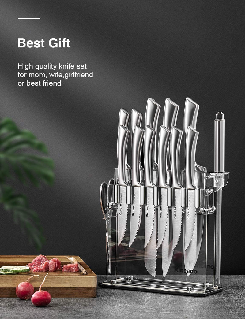 Knife Set, 14 PCS High Carbon Stainless Steel Kitchen Knife Set for Chef, Super Sharp Knife Set with Acrylic Stand, Include Steak Knives, Sharpener and Scissors, Ergonomical Design by Kincano