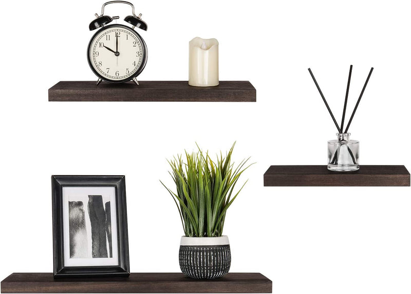 Mkono Floating Shelves Rustic Wood Wall Shelf Set of 3 Modern Wall Mounted Shelves with Invisible Brackets Display Trophy Photo Frames Plants Home Decor Living Room Bedroom Bathroom, Dark Brown Furniture > Shelving > Wall Shelves & Ledges Mkono Dark Brown  
