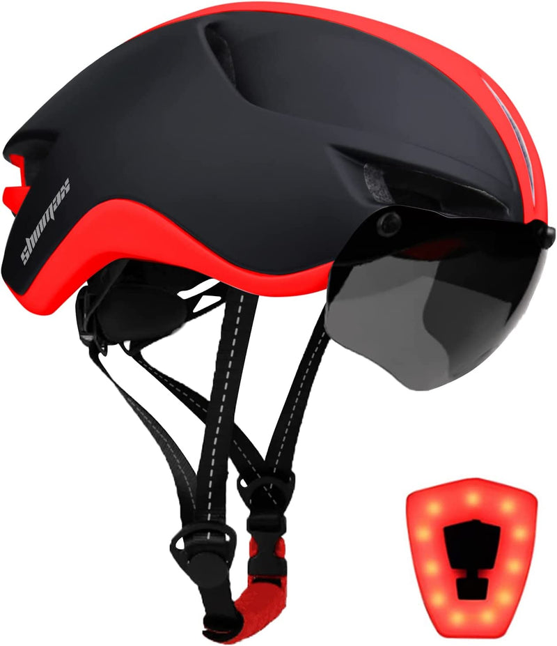 Shinmax Adult Bike Helmet,Bicycle Helmet with Removable Magnetic Goggles & USB Rechargeable Light Road Mountain Bike Helmet Adjustable Size Ultralight Cycling Helmet Men Women SM-T88 Sporting Goods > Outdoor Recreation > Cycling > Cycling Apparel & Accessories > Bicycle Helmets Shinmax Black Red  