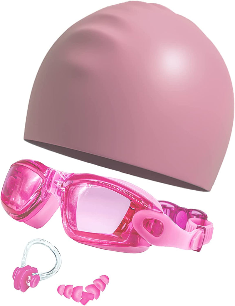 LJNYIE Adult Swim Swimming Goggles Glasses Gear for Womens Mens Youth Goggles Swim with Nose Cover Caps Ear Plugs anti Fog Sporting Goods > Outdoor Recreation > Boating & Water Sports > Swimming > Swim Goggles & Masks LJNYIE Clear Pink  