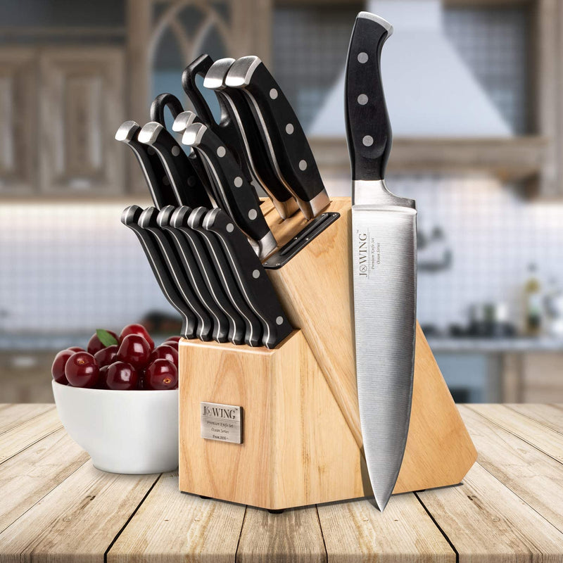 Professional 15-Piece German High Carbon Stainless Steel Kitchen Knife Set, Ocean Series Premium Forged Full Tang Chef Knives Set with Rubber Wood Block, Black