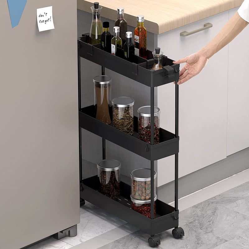 SPACELEAD Slim Storage Cart,3 Tier Bathroom Rolling Utility Cart Storage Organizer Slide Out Cart, Mobile Shelving Unit Organizer Trolley for Office Bathroom Kitchen Laundry Room Narrow Places, Black Home & Garden > Household Supplies > Storage & Organization SPACELEAD   