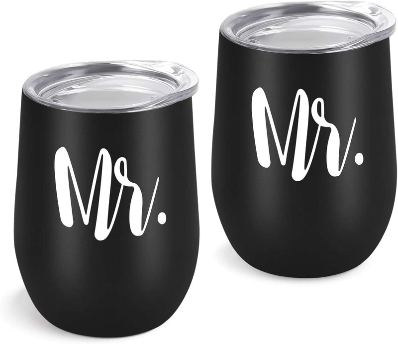 Mr and Mrs Tumblers Bridal Shower Idea for Bride and Groom, 12 Oz Wine Tumbler Wedding Idea for Newlyweds Couples Bride to Be Engagement Honeymoon, Insulated Mr Mrs Wine Tumbler Set, Set of 2 Home & Garden > Kitchen & Dining > Tableware > Drinkware GINGPROUS Black 3  