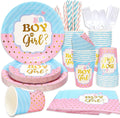 125 Pcs Gender Reveal Party Decorations, Boy or Girl Gender Reveal Plates and Napkins and Cups Supplies for Gender Reveal Ideas Games Decor Home & Garden > Decor > Seasonal & Holiday Decorations FEENRUI With Cutlery  