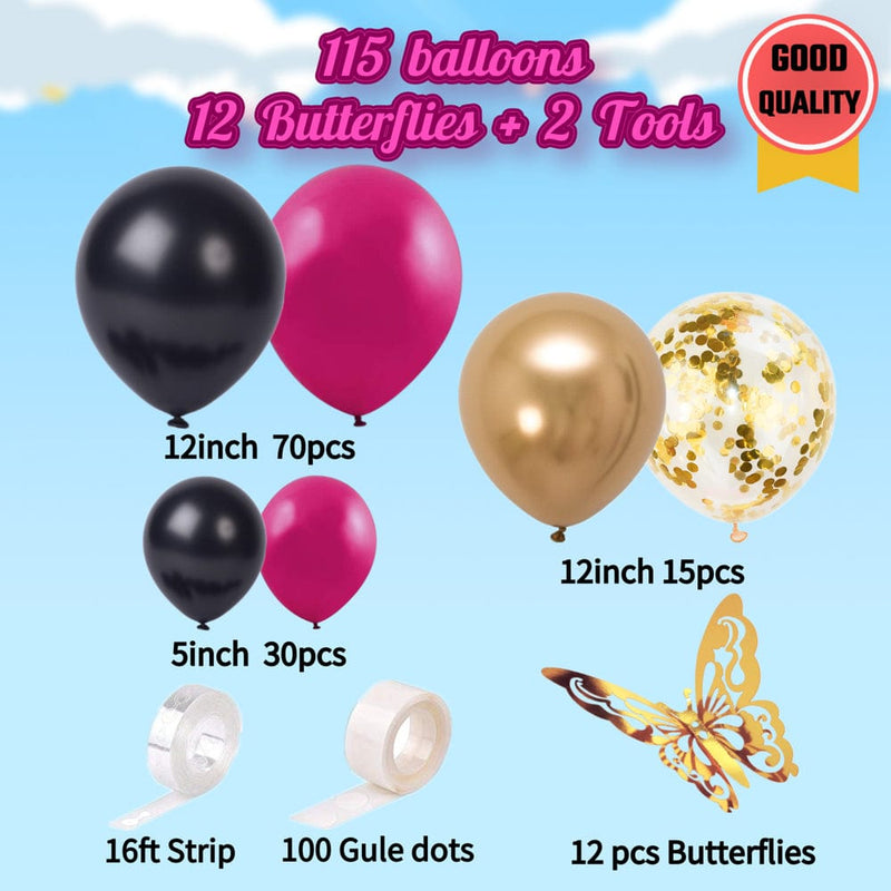 127Pcs Hot Pink Balloon Garland Kit, Pink and Black Balloons with Gold Butterfly Hot Pink Balloons for Girl Baby Shower Anniversary Birthday Wedding Festival Party  Visondeco   