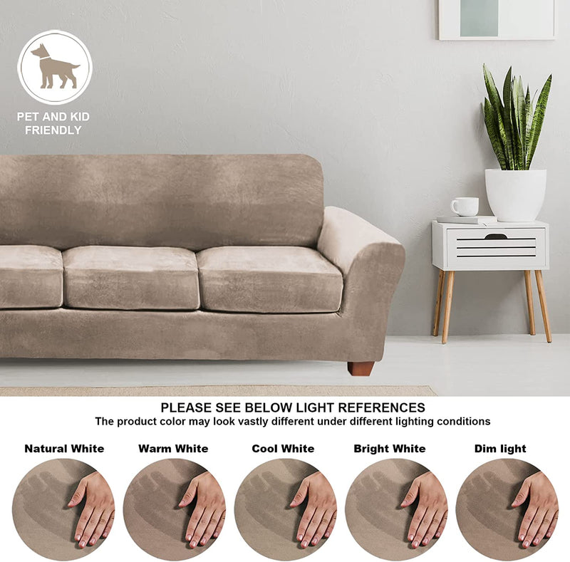 FY FIBER HOUSE Velvet Sofa Couch Cover for 3 Cushion Couch Sofa Covers for Living Room 4 Piece Plush Set Furniture Covers for Sofa Slipcover Stretch for Dogs, Taupe (71.5"-95.5") Home & Garden > Decor > Chair & Sofa Cushions FY FIBER HOUSE   