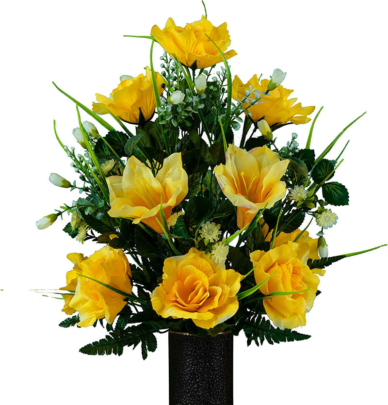 Sympathy Silks Artificial Cemetery Flowers – Realistic- Outdoor Grave Decorations - Non-Bleed Colors, and Easy Fit - Lavender Amaryllis & Purple Rose Saddle for Headstone Home & Garden > Decor > Seasonal & Holiday Decorations Rubys Silk Flowers Yellow Bouquet 