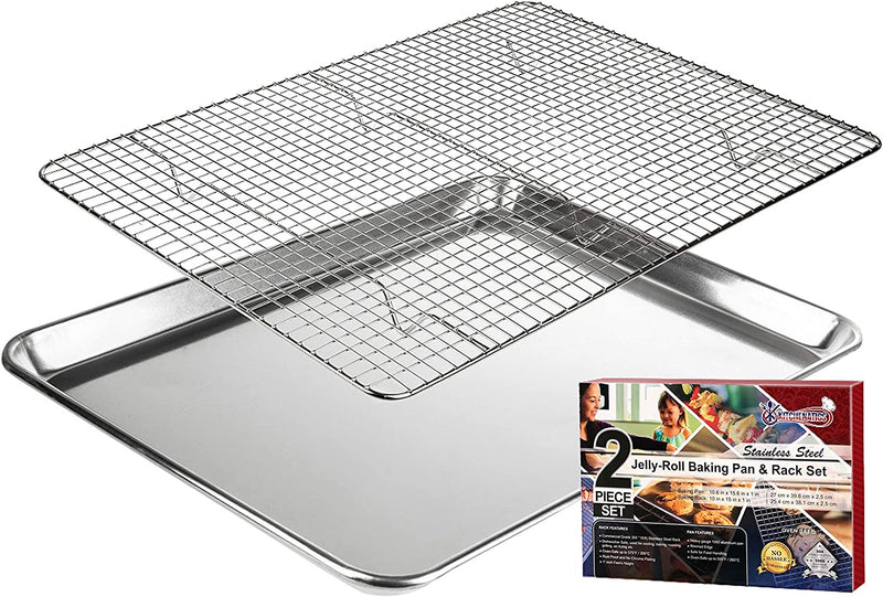Half Baking Sheet & Cooling Rack - 1/2 Aluminum Baking Pan with Stainless Steel Wire Rack Set - Large Cookie Sheets for Baking - Baking Sheets for Oven Sheet Pan Tray & Rack - 13.1" X 17.9" Home & Garden > Kitchen & Dining > Cookware & Bakeware KITCHENATICS Jelly Roll Set  