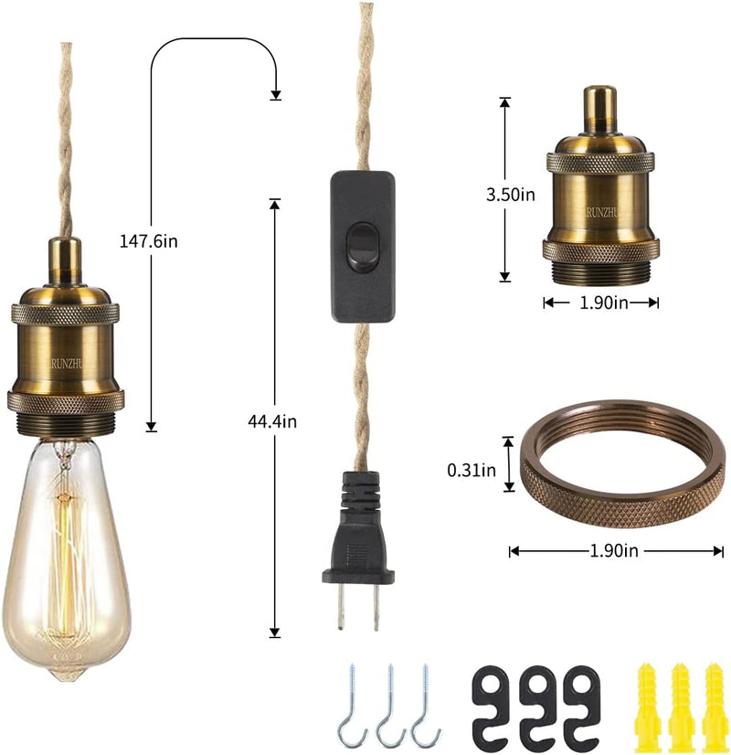 Industrial 16.4Ft Pendant Light Cord - Hanging Light Kit with Switch Plug in Vintage Fabric Lamp Cord with Twisted Hemp Rope Pendant Lights Socket Set E26 E27 (Vintage Brass) Home & Garden > Lighting > Lighting Fixtures LRUNZHUV   