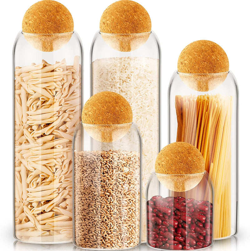 Suclain 5 Pack Storage Glass Jar Set Food Tank with Spherical Cork Cute Ball Candy Jars Clear Coffee Canister Airtight for Kitchen Bottle Holder Serving Spice Sugar Tea, 4 Sizes Home & Garden > Decor > Decorative Jars Suclain   