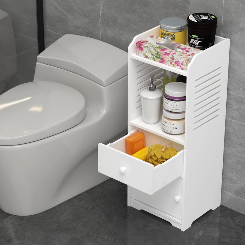 Rerii Bathroom Storage Cabinet, Small Floor Bathroom Organizer Free Standing, Side Toilet Cabinet with Drawer and Door, White