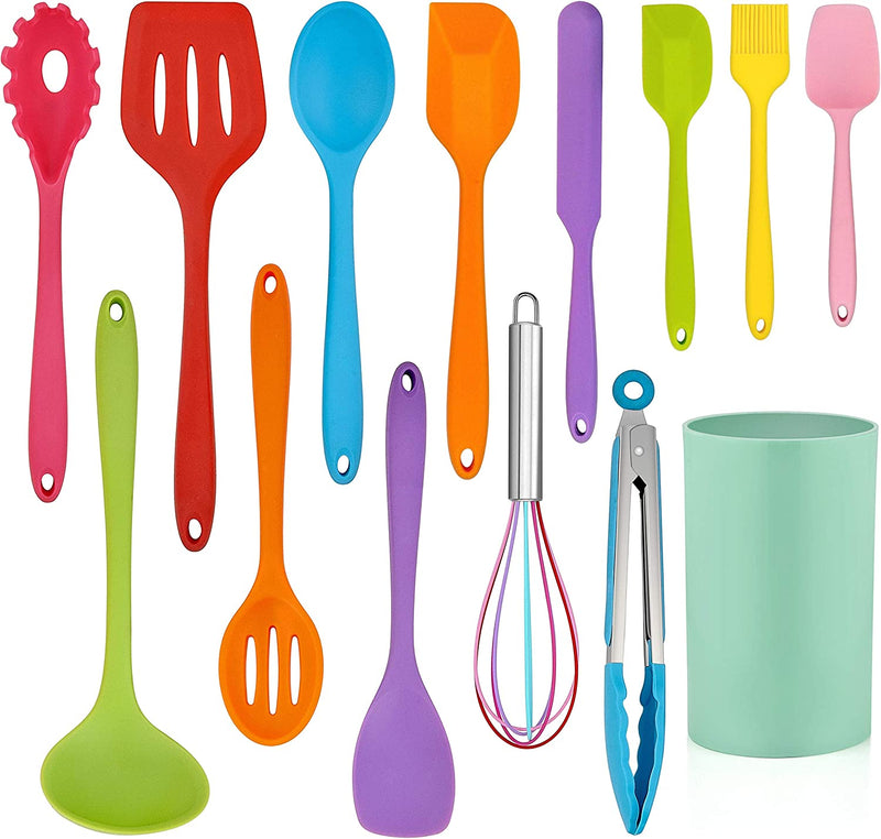 LIANYU 14 Pcs Cooking Utensils Set with Holder, Silicone Kitchen Cookware Utensils Set, Heat Resistant Cooking Gadget Tools Includes Spatula Spoon Turner Whisk Tong, Dishwasher Safe, Colorful Home & Garden > Kitchen & Dining > Kitchen Tools & Utensils LIANYU Colorful  
