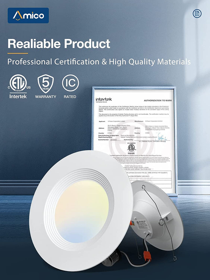 Amico 5/6 Inch 4CCT LED Recessed Lighting 16 Pack, Dimmable, Damp Rated, 15W=120W, 1280LM Can Lights with Baffle Trim, 2700K/3000K/4000K/5000K Selectable, Simple Retrofit Installation - ETL Home & Garden > Lighting > Flood & Spot Lights Amico   