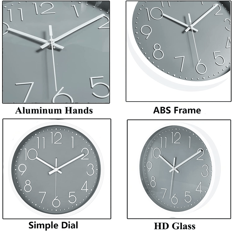 12in Non-Ticking Wall Clock, JUSTUP Silent Battery Operated Wall Clock with ABS Frame HD Glass Cover for Kids Living Room Bedroom Kitchen School Office Decor (Gray) Home & Garden > Decor > Clocks > Wall Clocks JUSTUP   