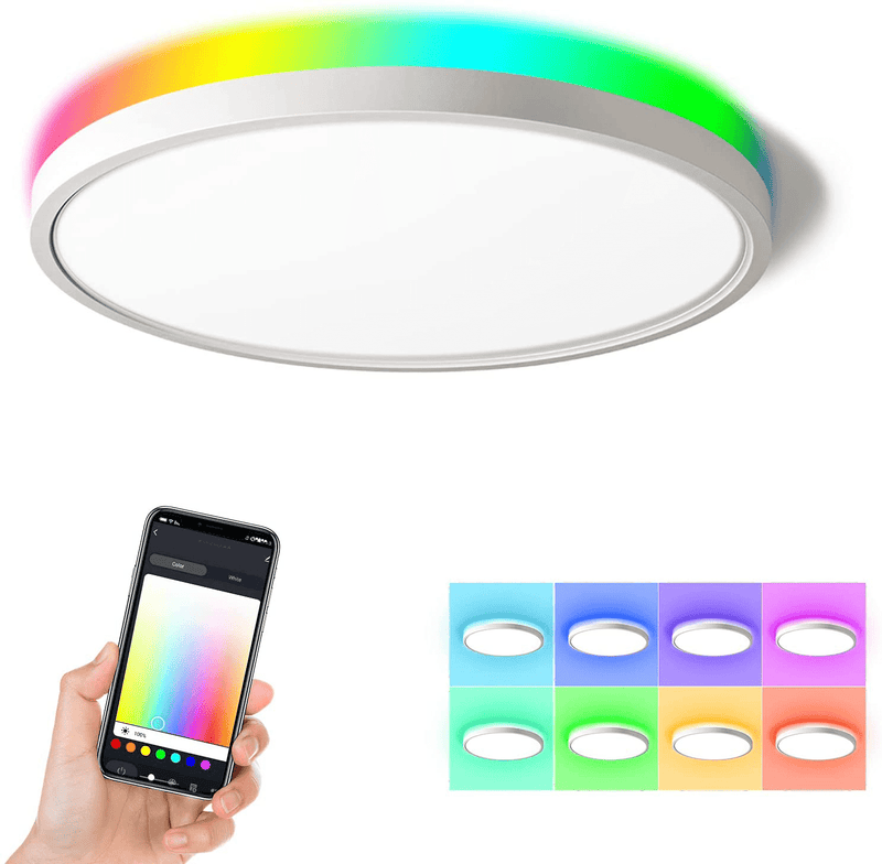 12Inch Smart Ceiling Light Fixture, Ocioc Slim Flush Mount Ceiling Light Compatible with Alexa Google Home, 24W Wifi LED Dimmable Lights RGB Lighting for Bedroom, Children Room, Dining Room
