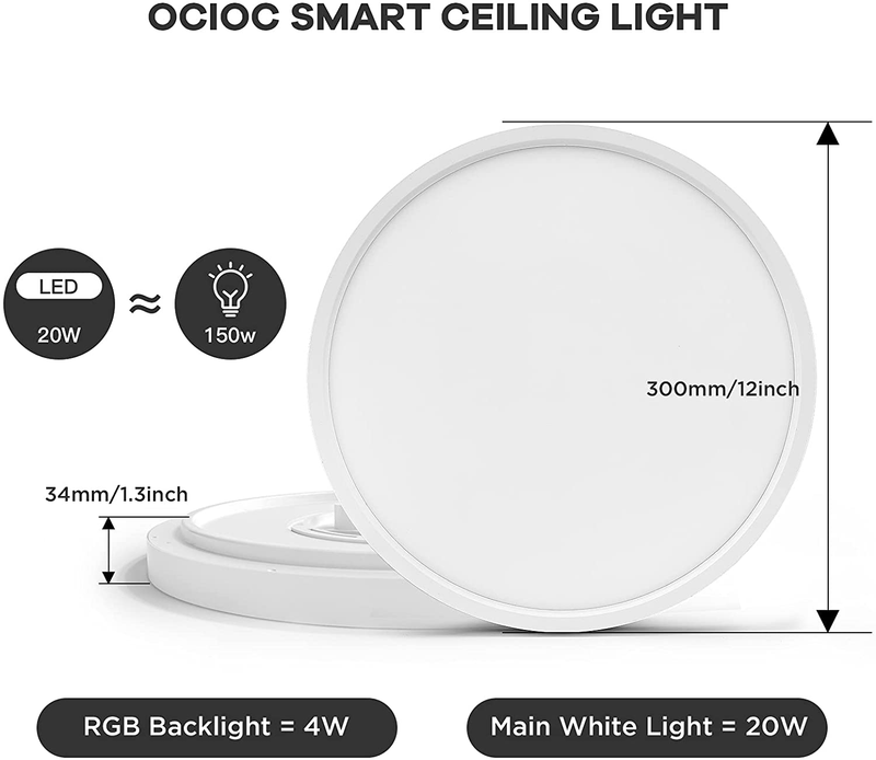 12Inch Smart Ceiling Light Fixture, Ocioc Slim Flush Mount Ceiling Light Compatible with Alexa Google Home, 24W Wifi LED Dimmable Lights RGB Lighting for Bedroom, Children Room, Dining Room Home & Garden > Lighting > Lighting Fixtures > Ceiling Light Fixtures KOL DEALS   