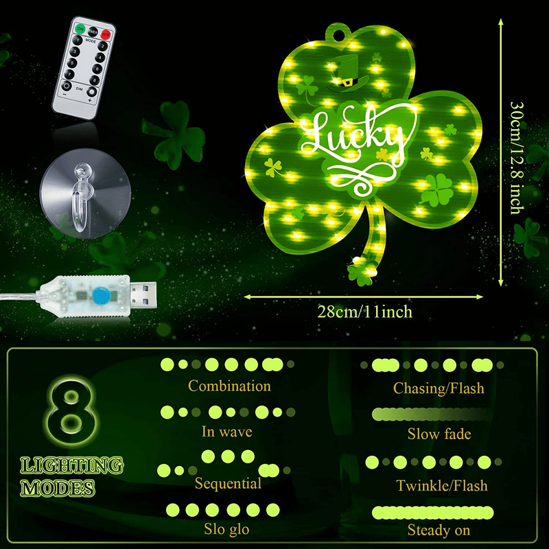 12Inch St Patricks Day Shamrock Door Hanging Decorations 8 Modes Irish Hanging Door Sign Lucky Clover with Remote and 53 Leds Light Saint Patrick'S Day Front Door Home Wall Window Outdoor Porch Decor