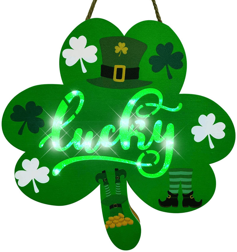 12Inch St Patricks Day Wooden-Shamrock Door-Hanger Wreath Decorations - Irish Wooden Hanging Door Sign Lucky Clover with LED Light Saint Patrick'S Day Front Door Home Wall Window Outdoor Porch Decor Arts & Entertainment > Party & Celebration > Party Supplies SPGroup   