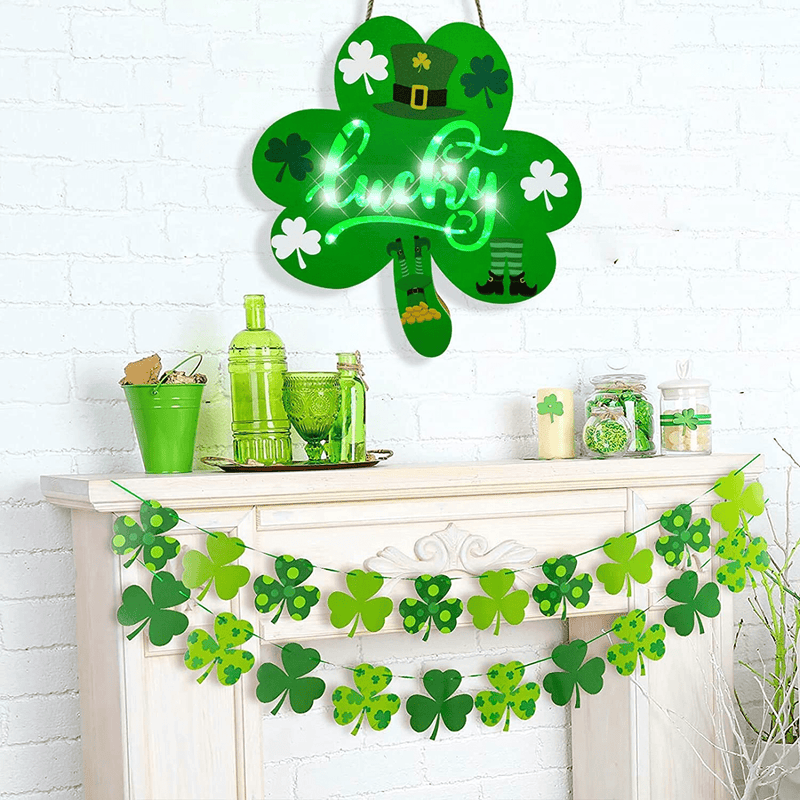 12Inch St Patricks Day Wooden-Shamrock Door-Hanger Wreath Decorations - Irish Wooden Hanging Door Sign Lucky Clover with LED Light Saint Patrick'S Day Front Door Home Wall Window Outdoor Porch Decor Arts & Entertainment > Party & Celebration > Party Supplies SPGroup   