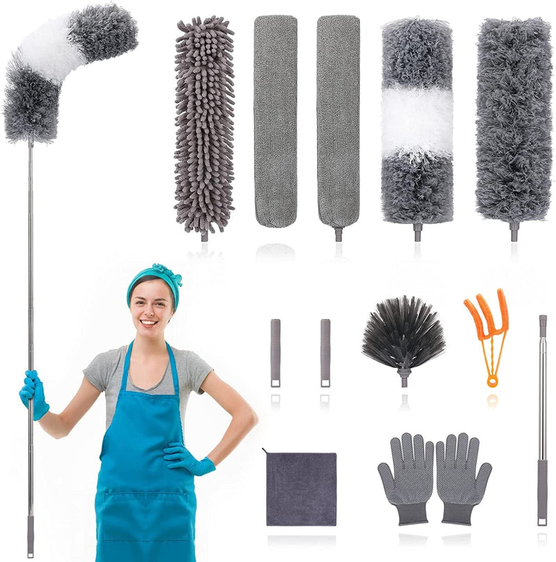 12Pcs Microfiber Dusters, Duster with Extension Pole(Stainless Steel) 30 to 100'', Washable Dusters, Bendable Extendable Long Feather Duster for Cleaning Fan, High Ceiling, Blinds, Furniture, Cars