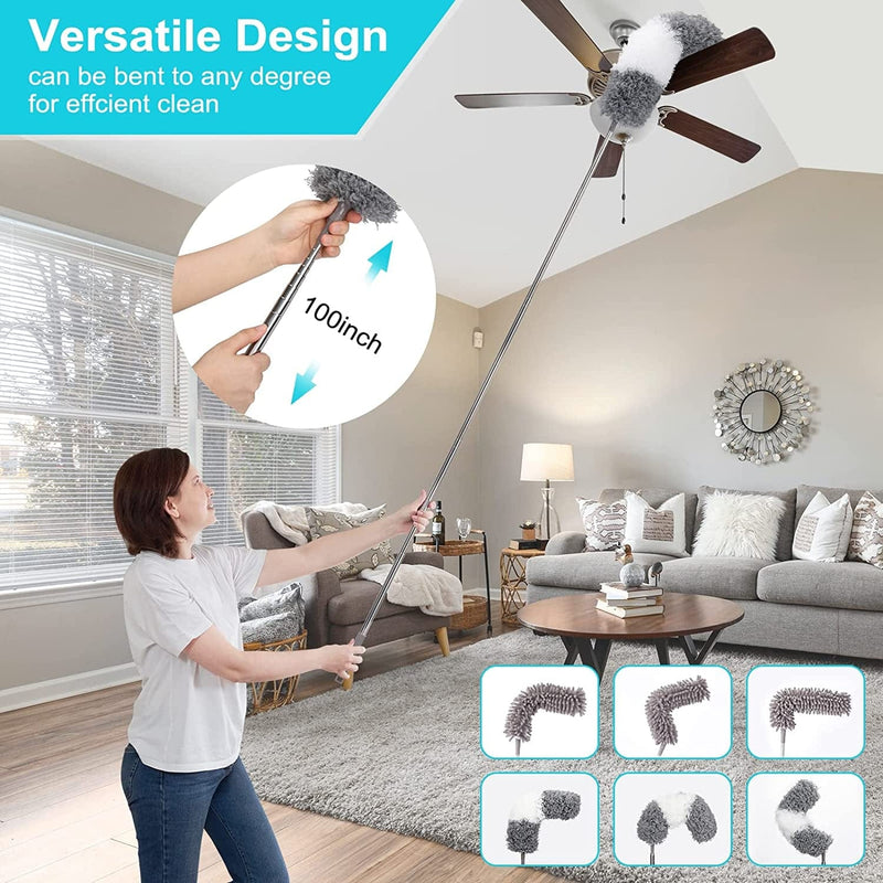 12Pcs Microfiber Dusters, Duster with Extension Pole(Stainless Steel) 30 to 100'', Washable Dusters, Bendable Extendable Long Feather Duster for Cleaning Fan, High Ceiling, Blinds, Furniture, Cars