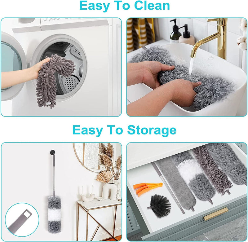 12Pcs Microfiber Dusters, Duster with Extension Pole(Stainless Steel) 30 to 100'', Washable Dusters, Bendable Extendable Long Feather Duster for Cleaning Fan, High Ceiling, Blinds, Furniture, Cars Home & Garden > Household Supplies > Household Cleaning Supplies SNOPIC   
