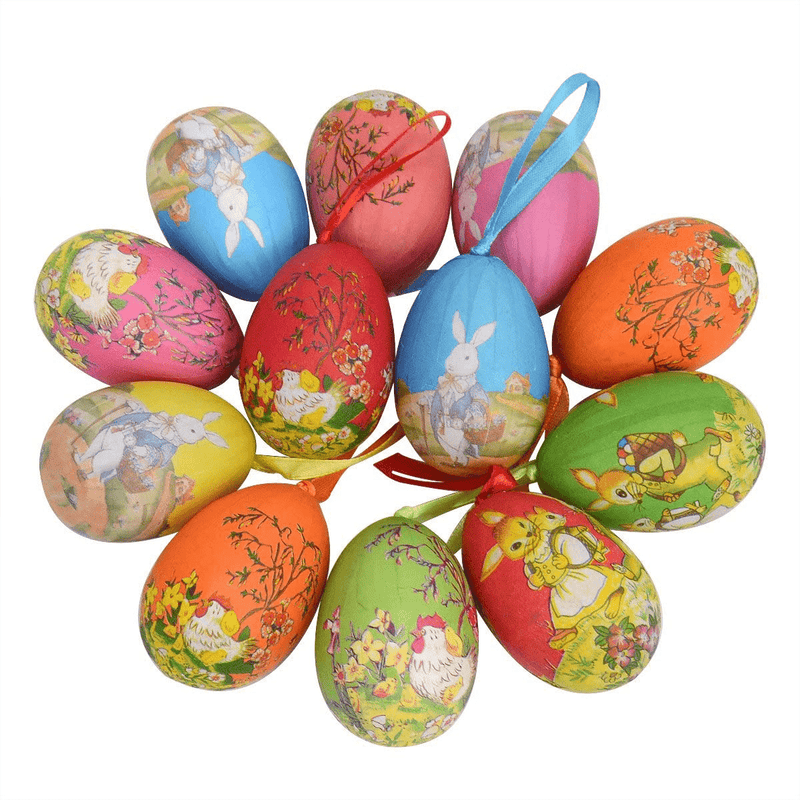 12Pcs Vintage Style Paper Mache Egg Hanging Ornaments Easter Decoration