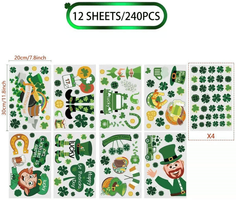 12Sheet 240Pcs St Patrick'S Day Decorations Shamrock Window Clings Stickers, Lucky Four Leaf Irish Clover Leprechaun Green Hat Gold Coins Window Decor for Saint Patrick'S Day Home Party Ornaments