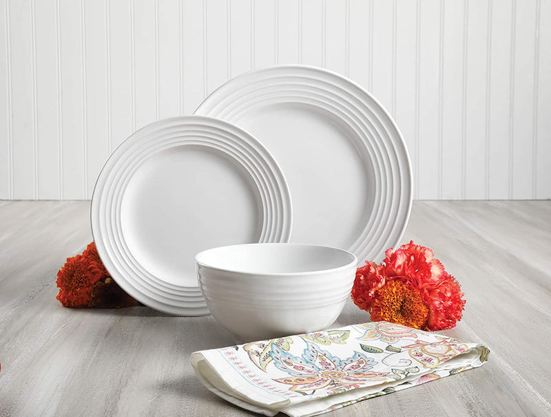 Gibson Home - 102274.12RM Gibson Home 12 Piece Plaza Cafe round Dinnerware Set with Embossed Stoneware, White - Home & Garden > Kitchen & Dining > Tableware > Dinnerware Gibson   