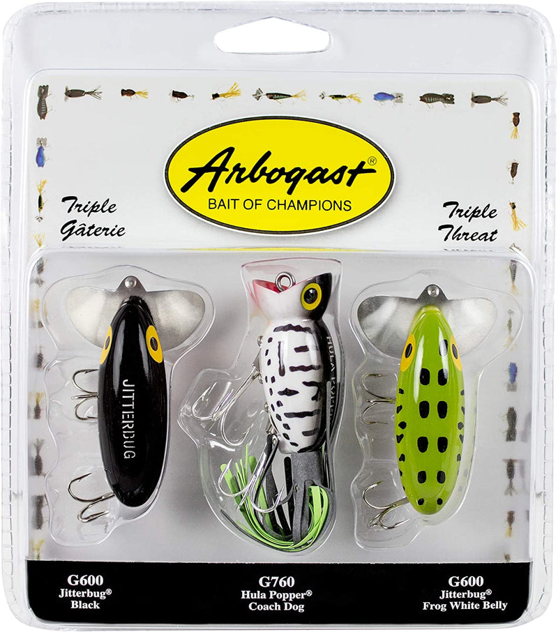 Arbogast Triple Threat Fishing Lure 3-Pack - Includes Jitterbug Lures and Hula Popper Lures Sporting Goods > Outdoor Recreation > Fishing > Fishing Tackle > Fishing Baits & Lures Pradco Outdoor Brands 2 Jitterbug, 1 Hula Popper  