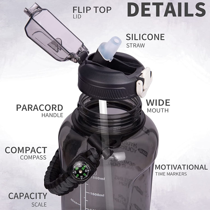 Seekua Half Gallon / 64 Oz Large Water Bottle with Straw & Time Marker Motivational Sports Drinking Bottle with Paracord Handle & Reminder (Transparent Black) Sporting Goods > Outdoor Recreation > Winter Sports & Activities Seekua   