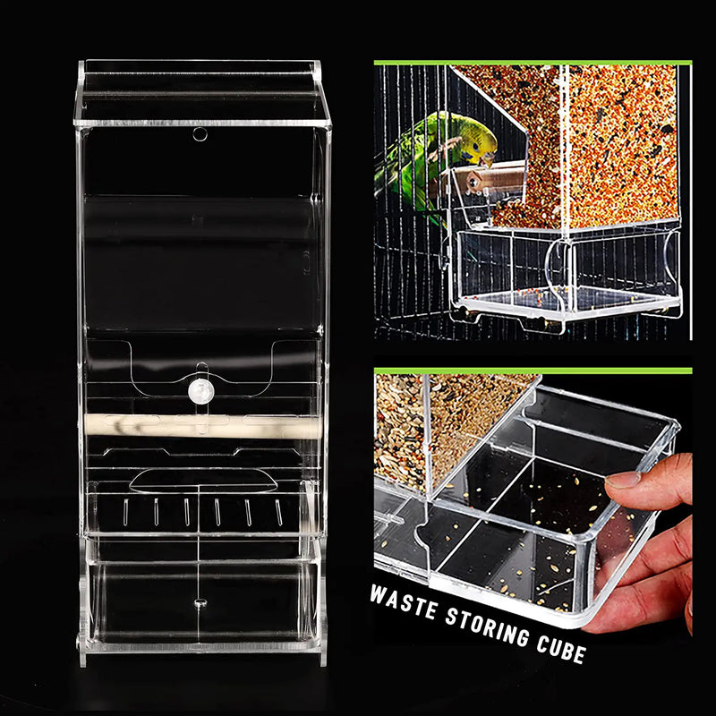Evursua No Mess Bird Cage Feeders Automatic Parrot Seed Tube Birds Cage Accessories for Parakeet Canary Cockatiel Finch,Free Install,No Fragile (Medium- Updated Splashproof Board)