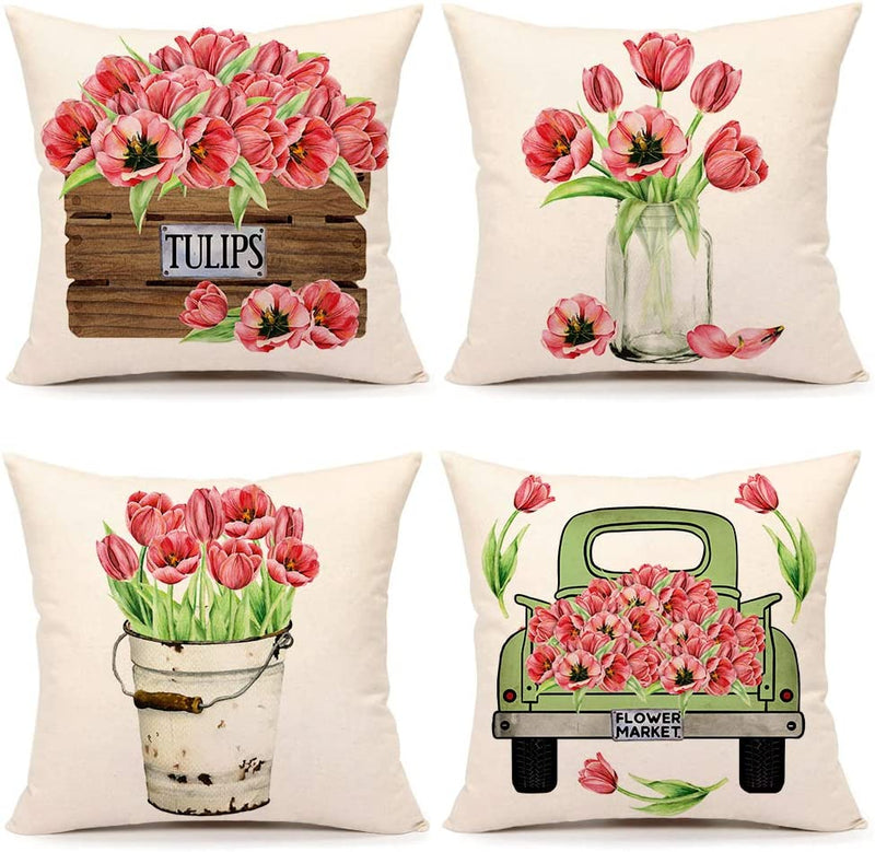 4TH Emotion Spring Tulips Pillow Covers 20X20 Set of 4 Easter Farmhouse Decor Valentines Decoration Mothers Day Cushion Case for Sofa Couch Polyester Linen Home & Garden > Decor > Seasonal & Holiday Decorations 4TH Emotion   