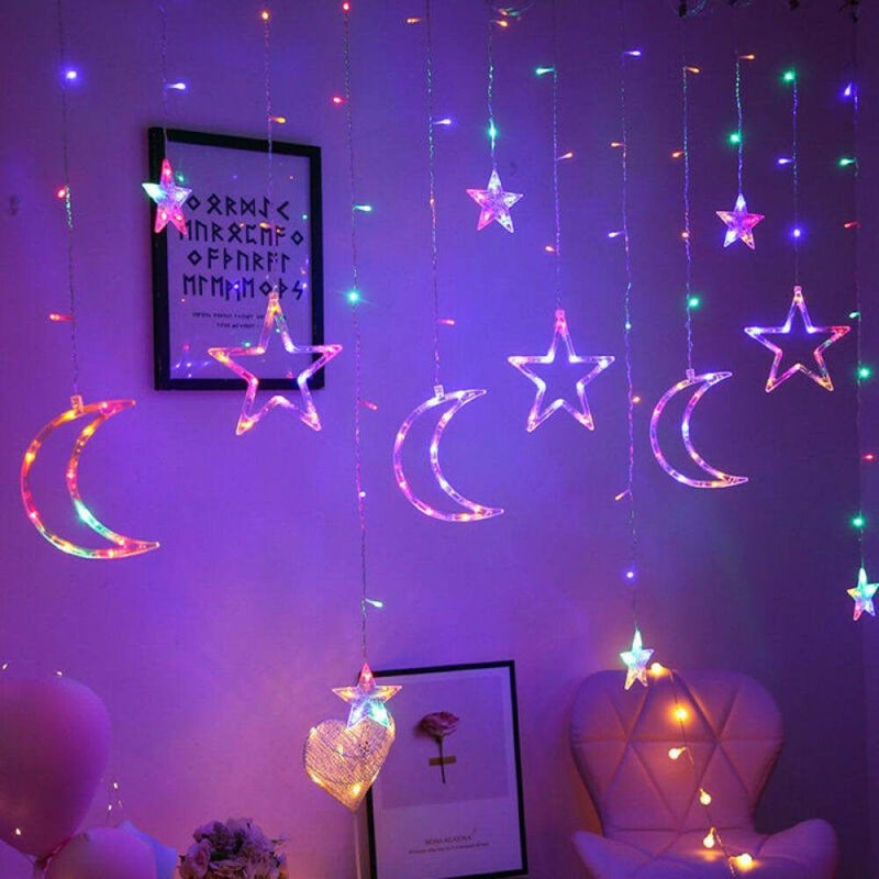138 Leds Curtain String Lights, 11.5Ft Christmas Star Moon Curtain Lights -Valentine'S Day Decorations Light -Curtain Home Festival Christmas Decoration Home & Garden > Lighting > Light Ropes & Strings Tinkercad Multicolor  